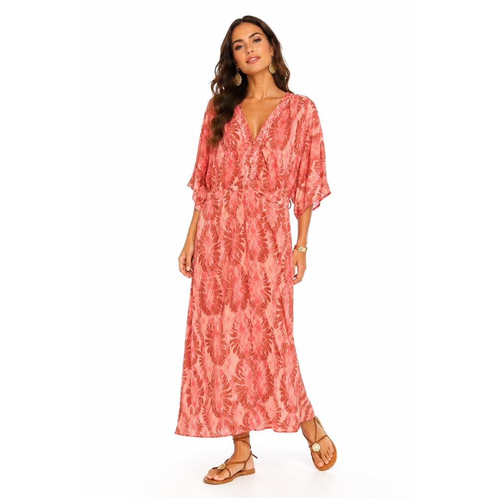 Peace Love World Boheme Pink Abstract Print V-Neck Maxi Dress Womens Large
